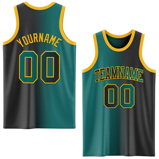 Custom Black Teal-Gold Authentic Gradient Fashion Basketball Jersey - Main View