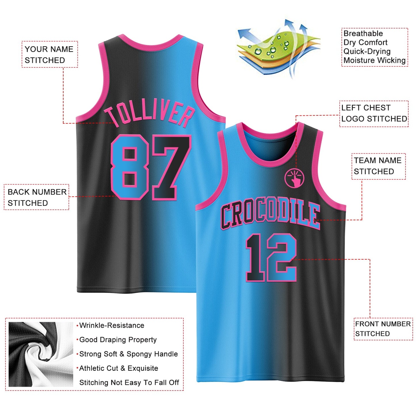 Custom Black Sky Blue-Pink Authentic Gradient Fashion Basketball Jersey view 3