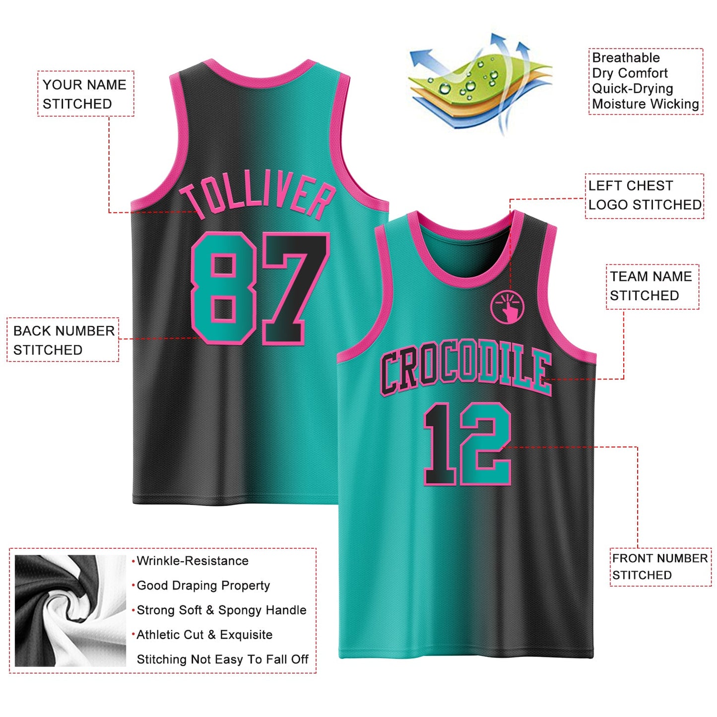 Custom Black Aqua-Pink Authentic Gradient Fashion Basketball Jersey view 3