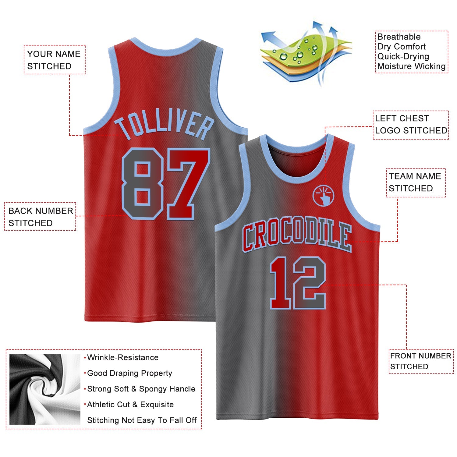 Custom Red Steel Gray-Light Blue Authentic Gradient Fashion Basketball Jersey view 3