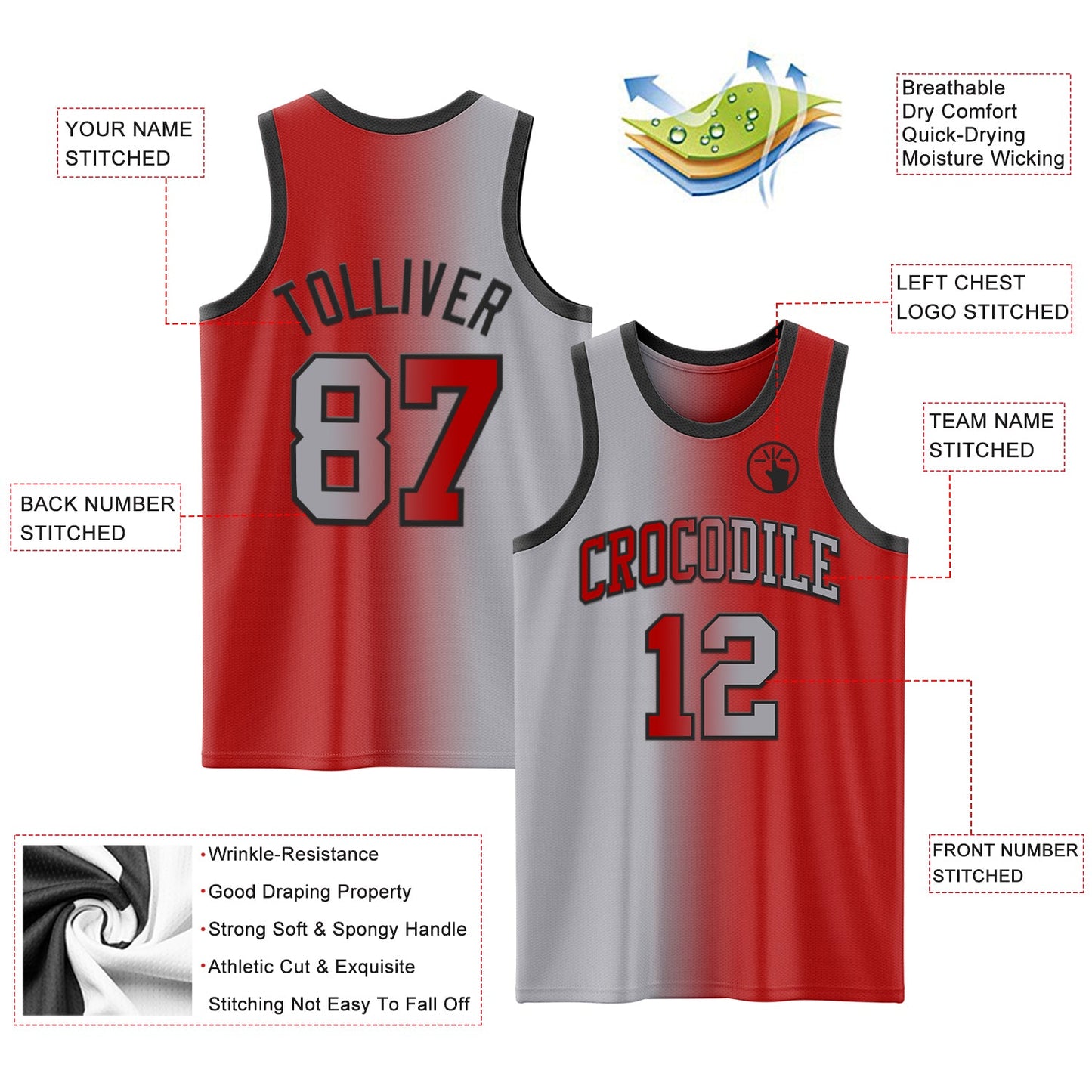Custom Red Gray-Black Authentic Gradient Fashion Basketball Jersey view 3