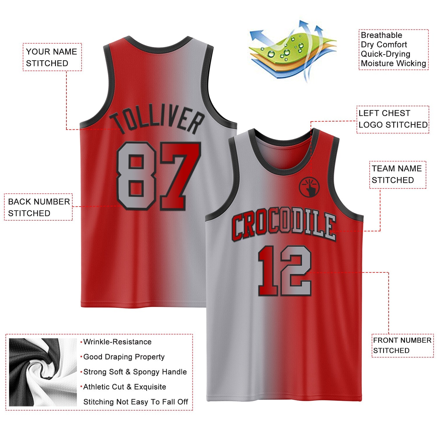 Custom Red Gray-Black Authentic Gradient Fashion Basketball Jersey view 3