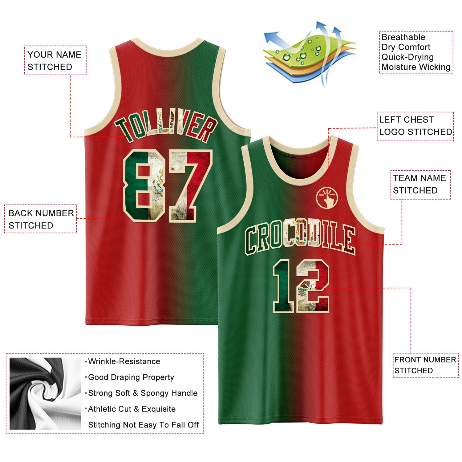 Custom Red Vintage Mexican Flag Kelly Green-Cream Authentic Gradient Fashion Basketball Jersey view 3