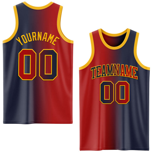 Custom Navy Red-Gold Authentic Gradient Fashion Basketball Jersey - Main View
