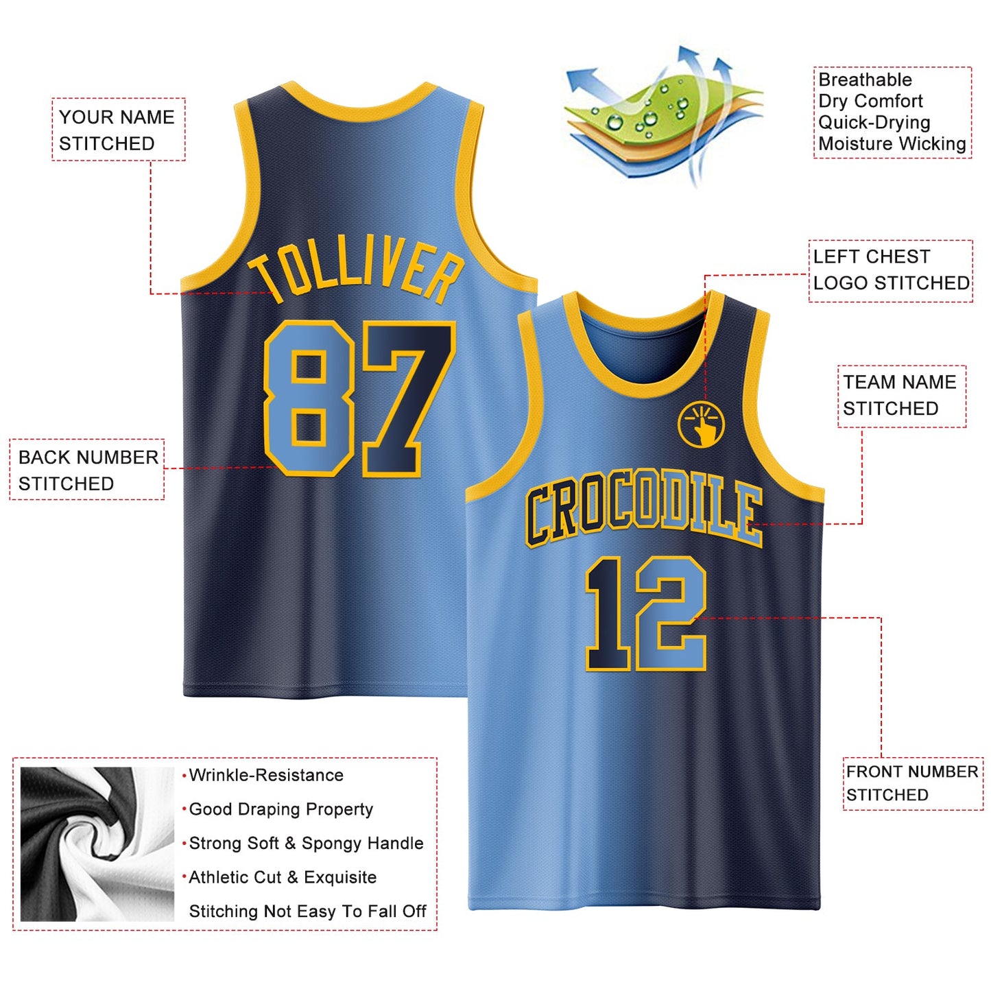 Custom Navy Light Blue-Gold Authentic Gradient Fashion Basketball Jersey view 3