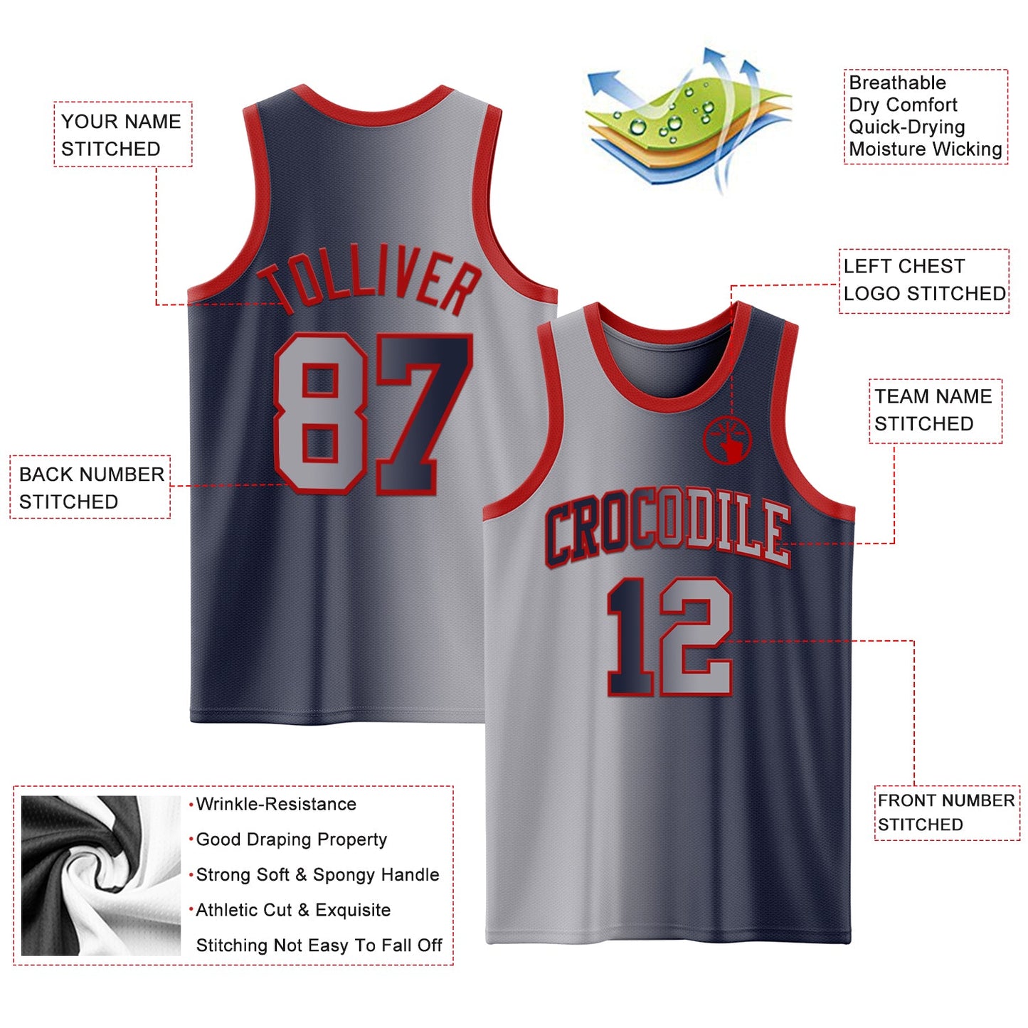 Custom Navy Gray-Red Authentic Gradient Fashion Basketball Jersey view 3