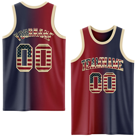 Custom Navy Vintage USA Flag Maroon-Cream Authentic Gradient Fashion Basketball Jersey - Main View