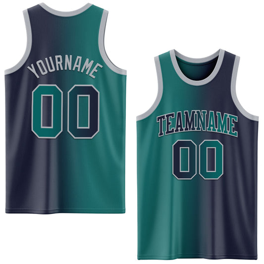 Custom Navy Teal-Gray Authentic Gradient Fashion Basketball Jersey - Main View
