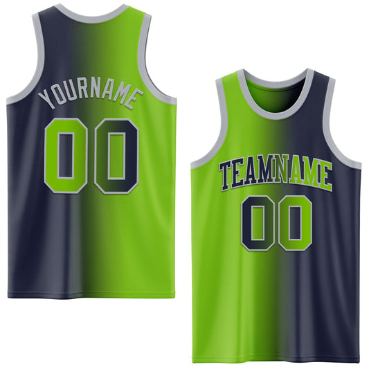 Custom Navy Neon Green-Gray Authentic Gradient Fashion Basketball Jersey - Main View