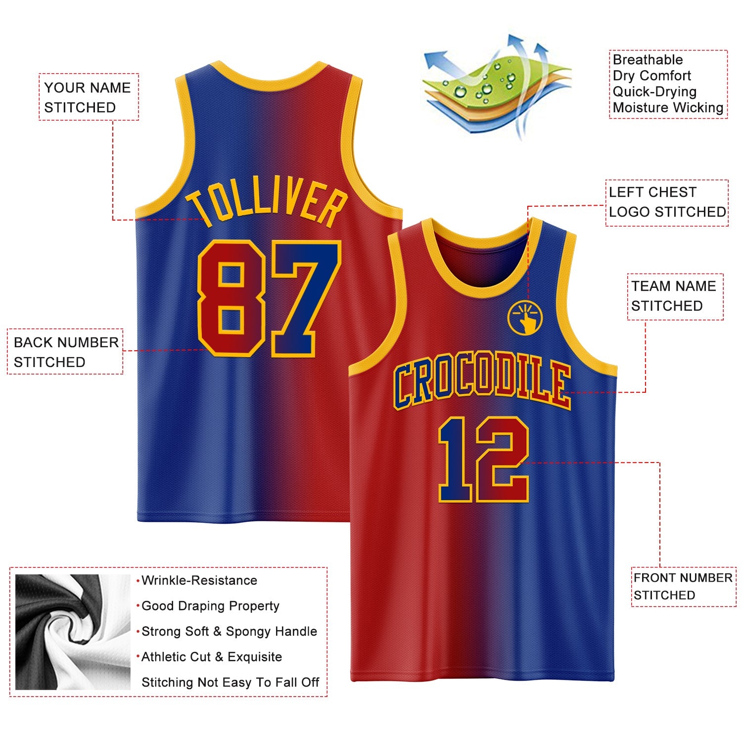Custom Royal Red-Gold Authentic Gradient Fashion Basketball Jersey view 3