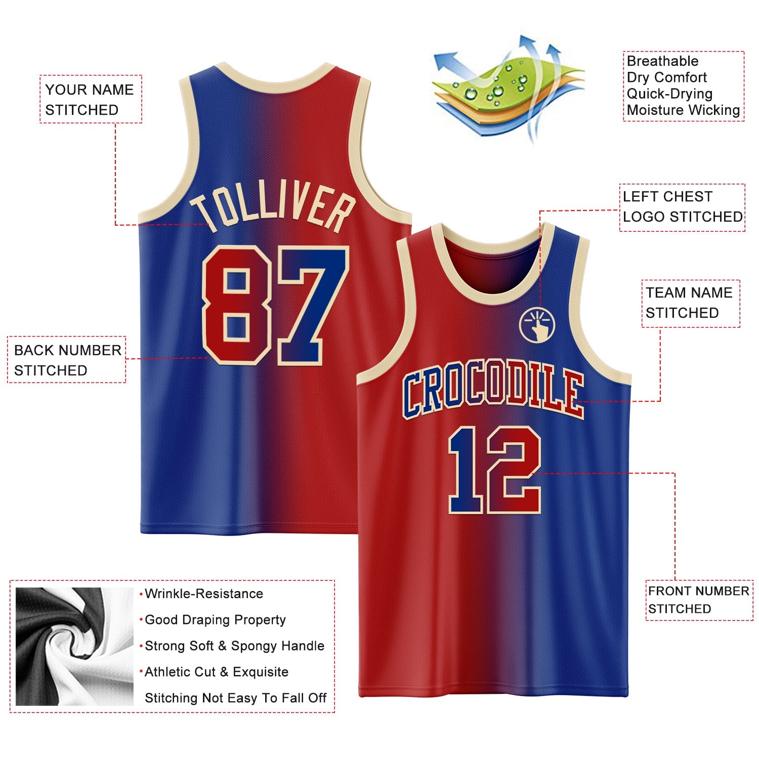 Custom Royal Red-Cream Authentic Gradient Fashion Basketball Jersey view 3