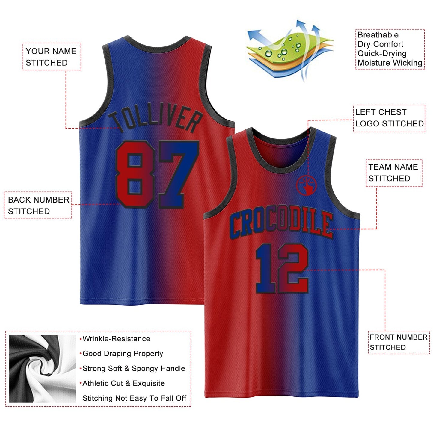 Custom Royal Red-Black Authentic Gradient Fashion Basketball Jersey view 3