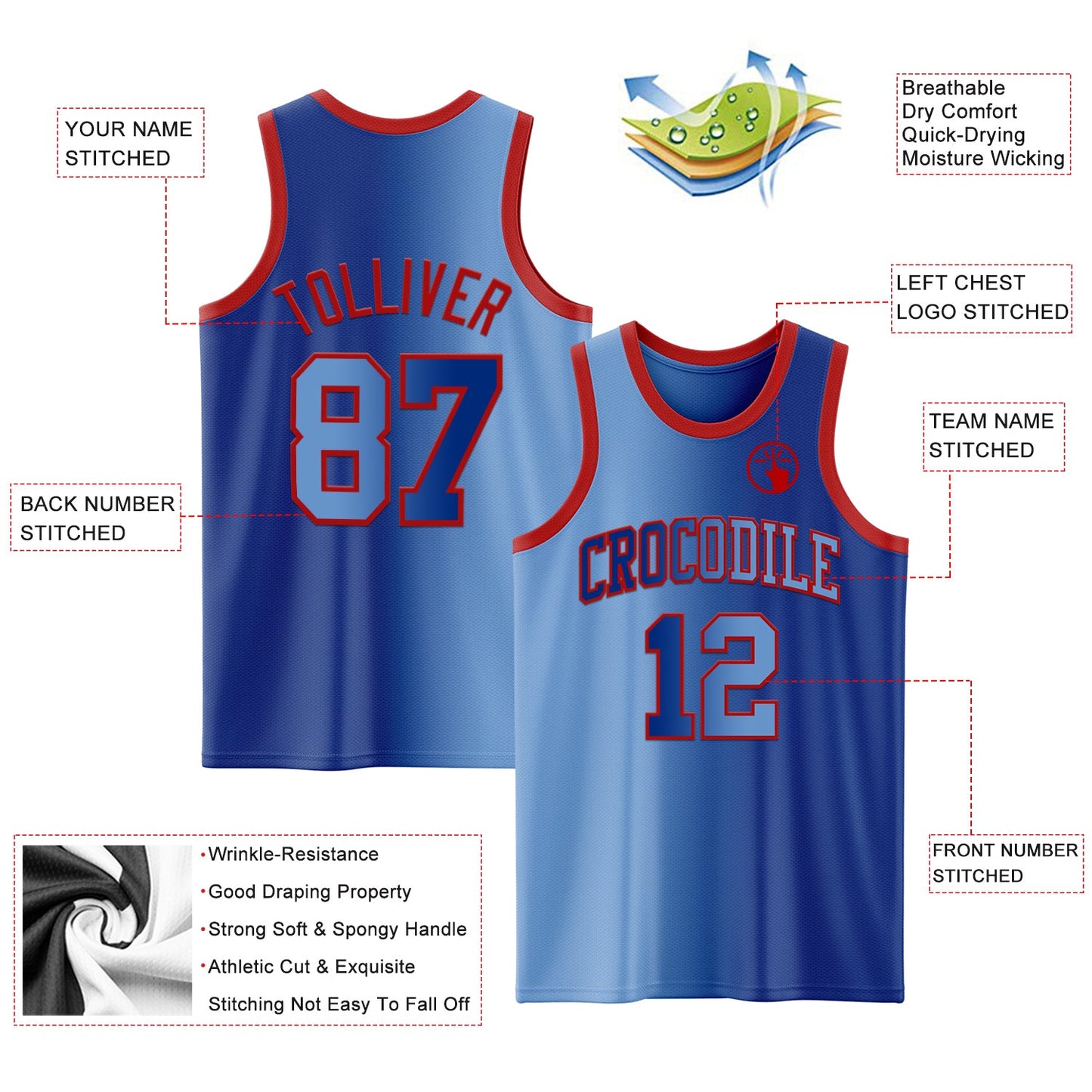 Custom Royal Light Blue-Red Authentic Gradient Fashion Basketball Jersey view 3