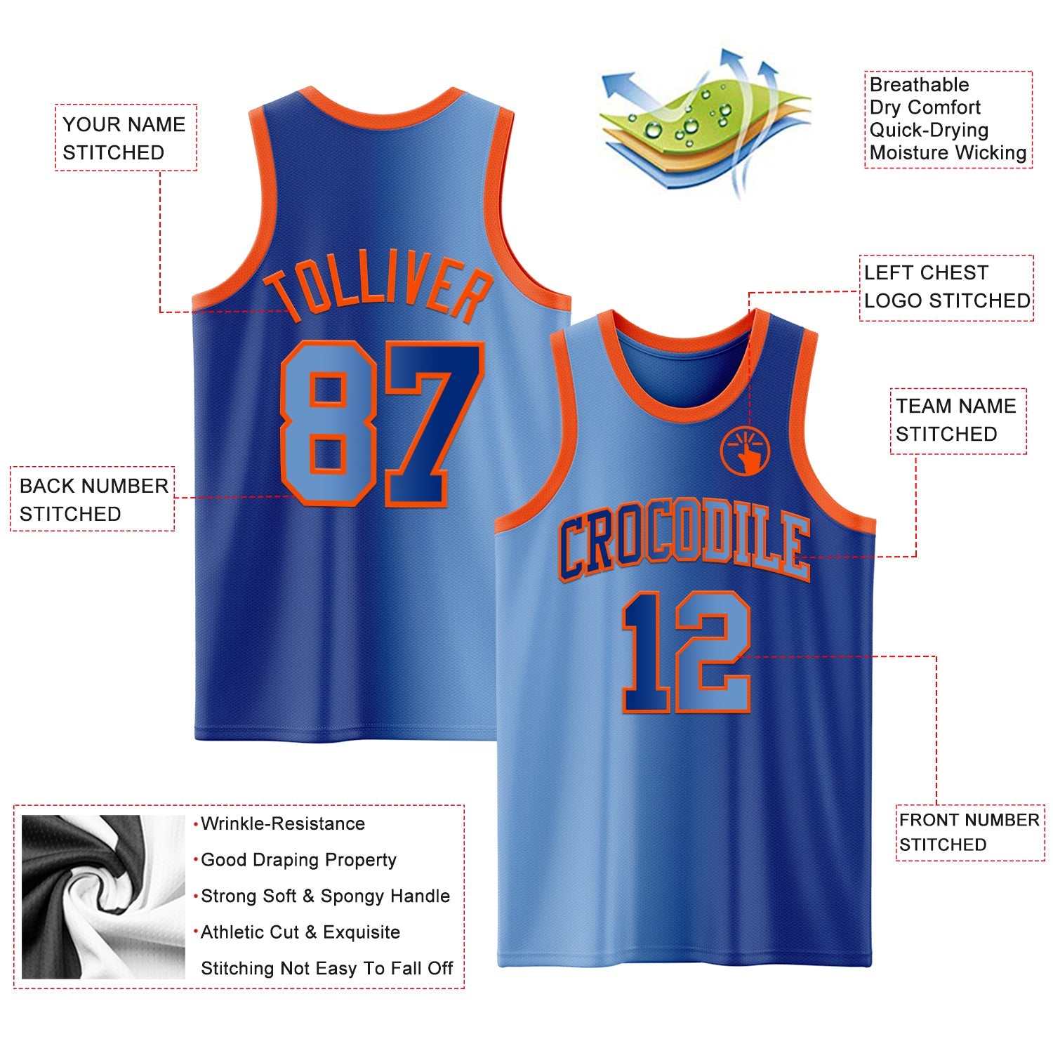 Custom Royal Light Blue-Orange Authentic Gradient Fashion Basketball Jersey view 3