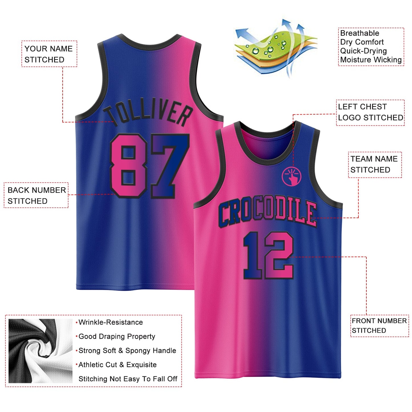 Custom Royal Pink-Black Authentic Gradient Fashion Basketball Jersey view 3