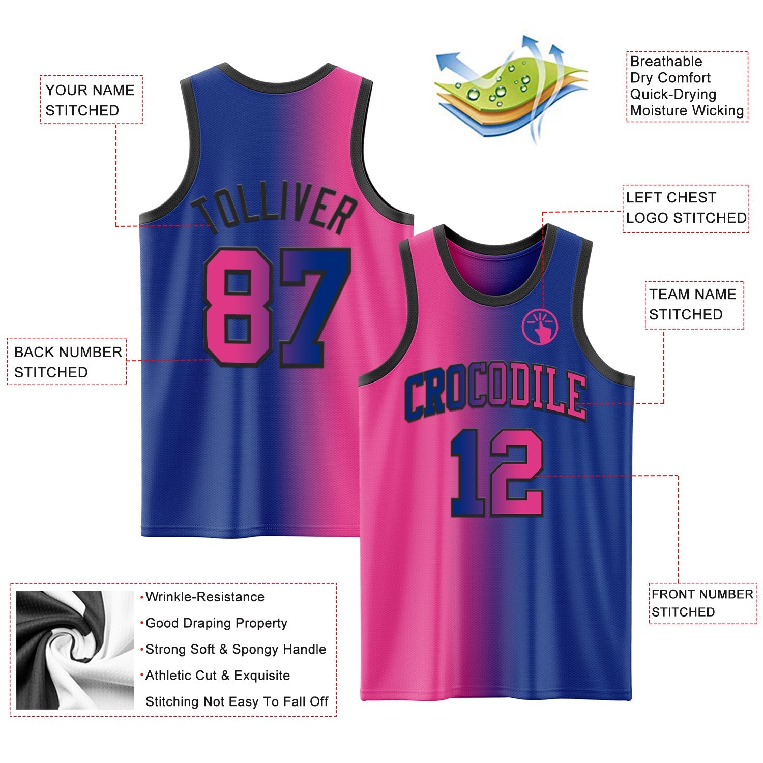 Custom Royal Pink-Black Authentic Gradient Fashion Basketball Jersey view 3