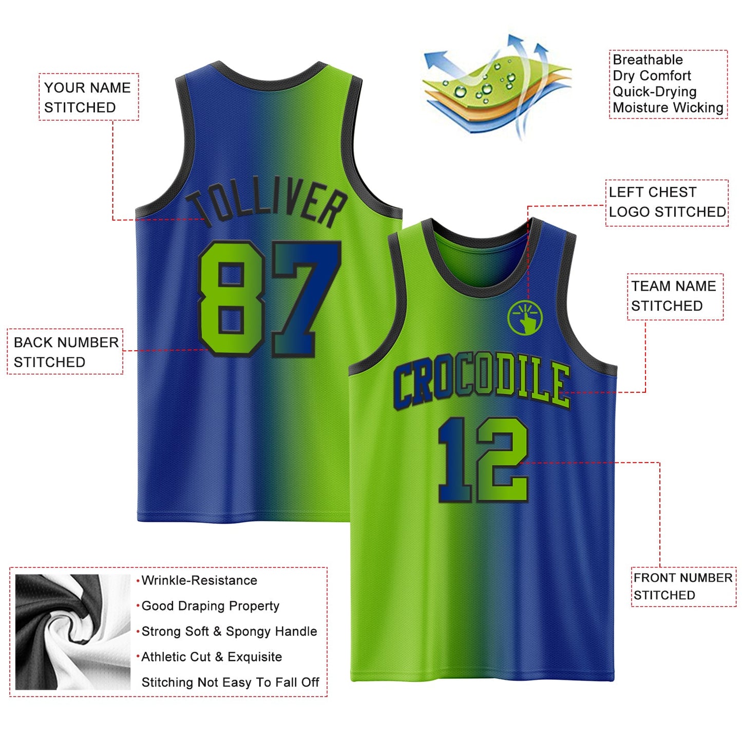 Custom Royal Neon Green-Black Authentic Gradient Fashion Basketball Jersey view 3