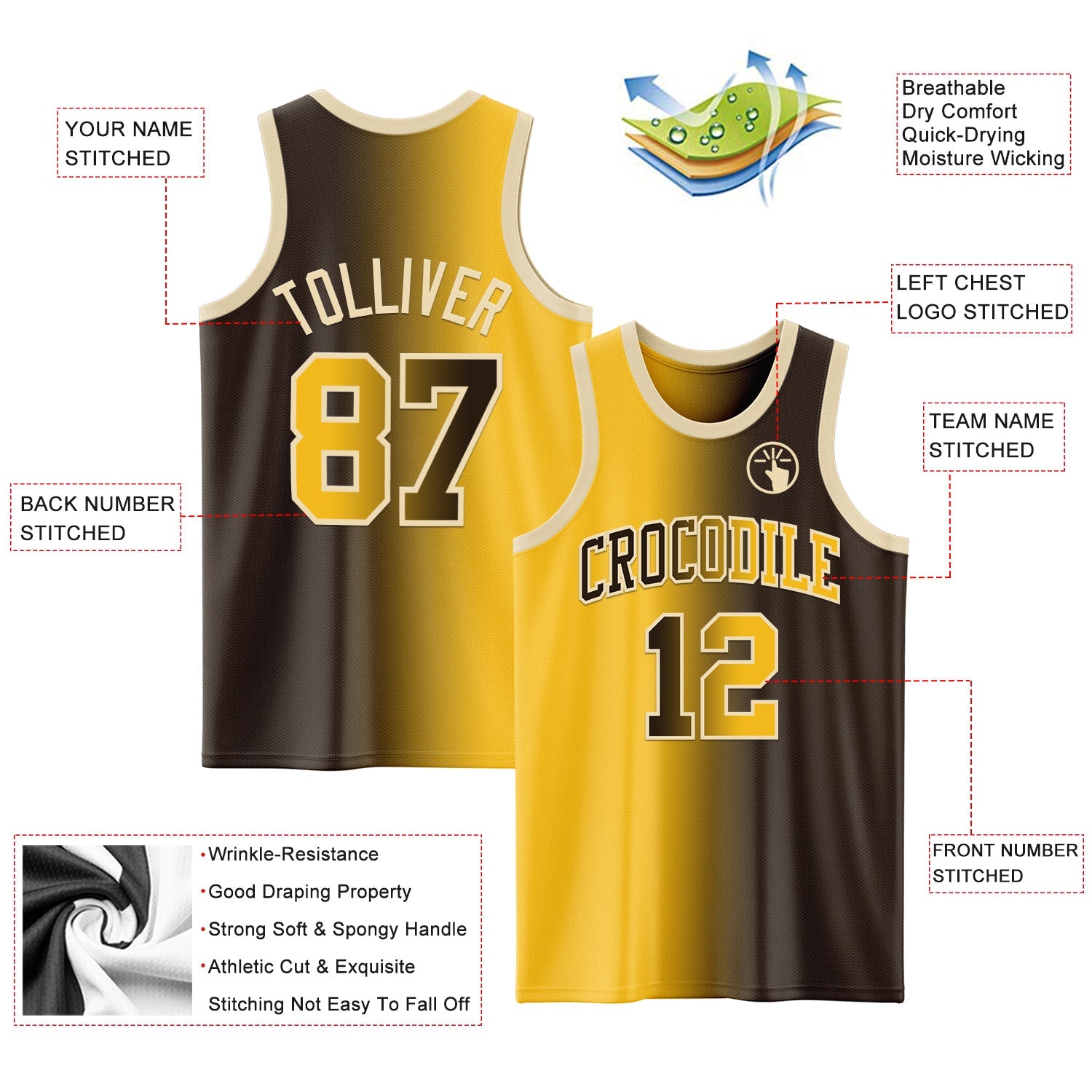 Custom Brown Gold-Cream Authentic Gradient Fashion Basketball Jersey view 3