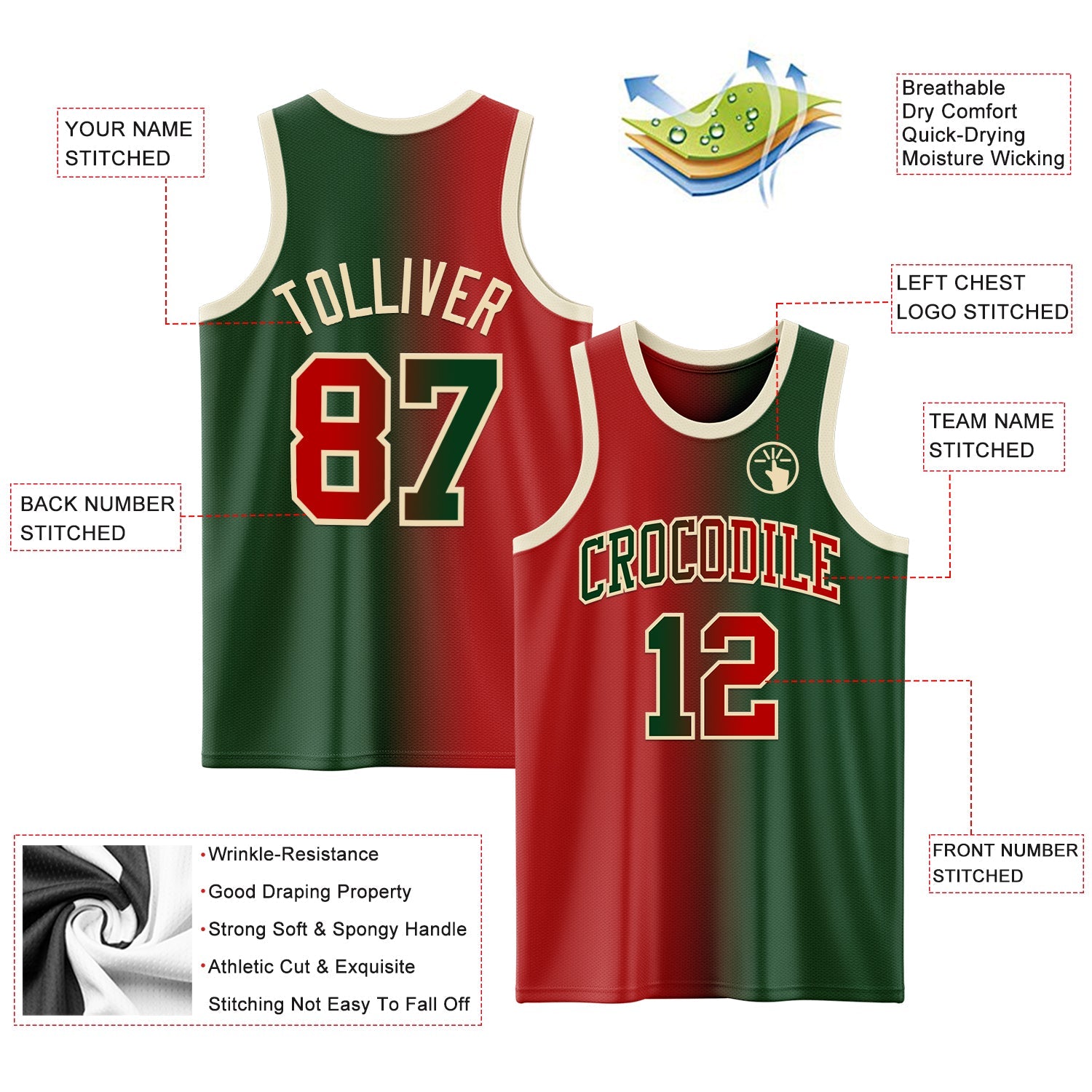 Custom Green Red-Cream Authentic Gradient Fashion Basketball Jersey view 3