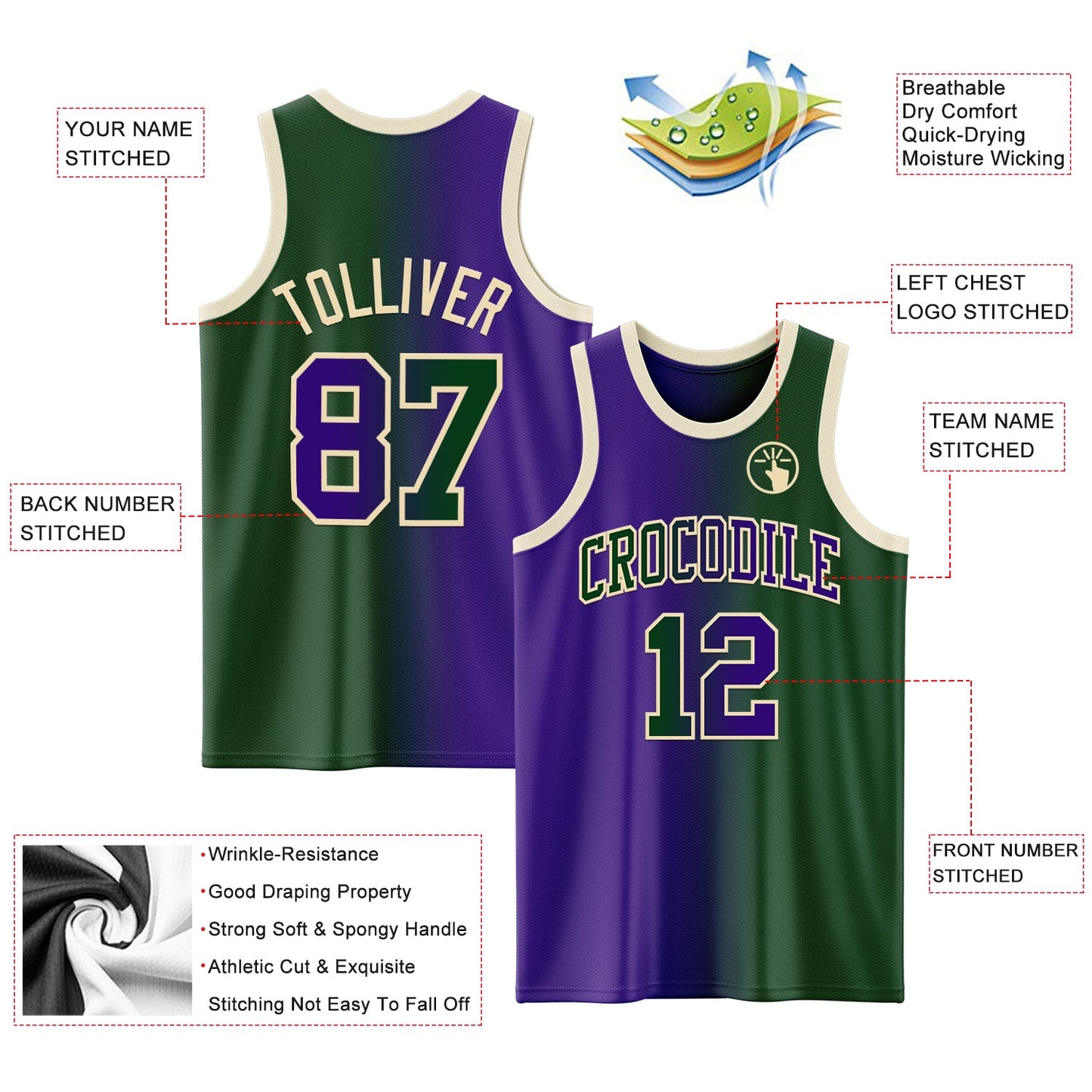 Custom Green Purple-Cream Authentic Gradient Fashion Basketball Jersey view 3