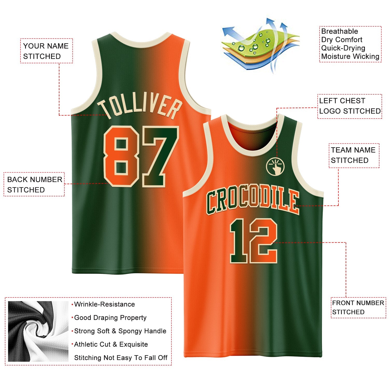 Custom Green Orange-Cream Authentic Gradient Fashion Basketball Jersey view 3