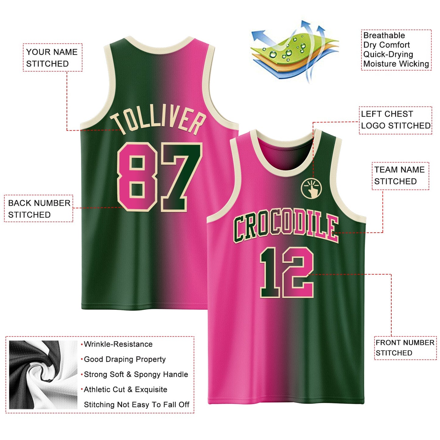 Custom Green Pink-Cream Authentic Gradient Fashion Basketball Jersey view 3