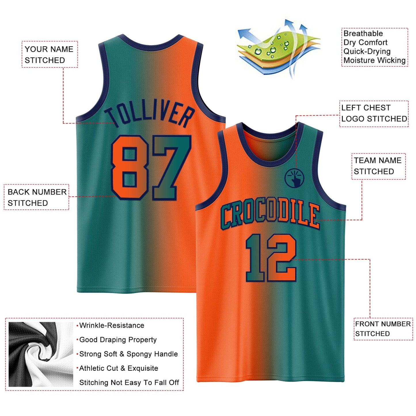 Custom Teal Orange-Navy Authentic Gradient Fashion Basketball Jersey view 3