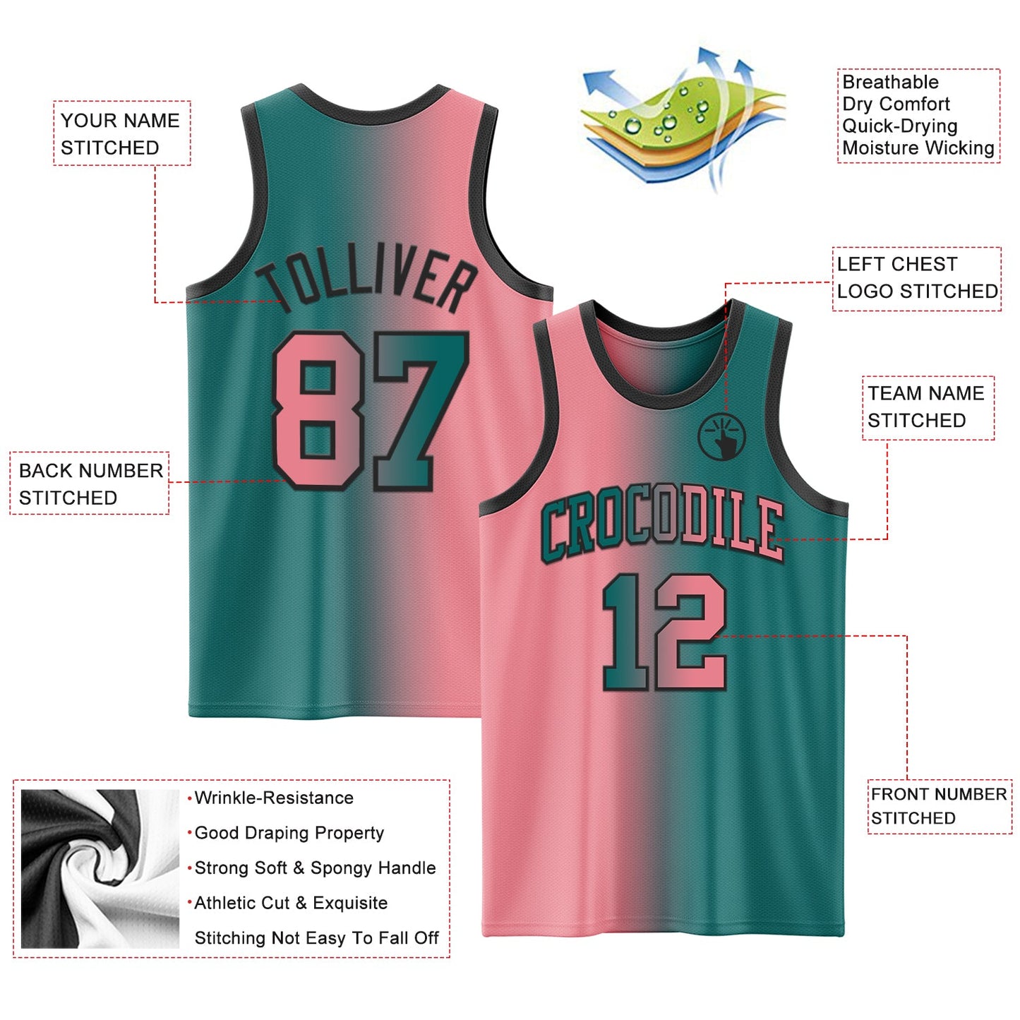 Custom Teal Medium Pink-Black Authentic Gradient Fashion Basketball Jersey view 3