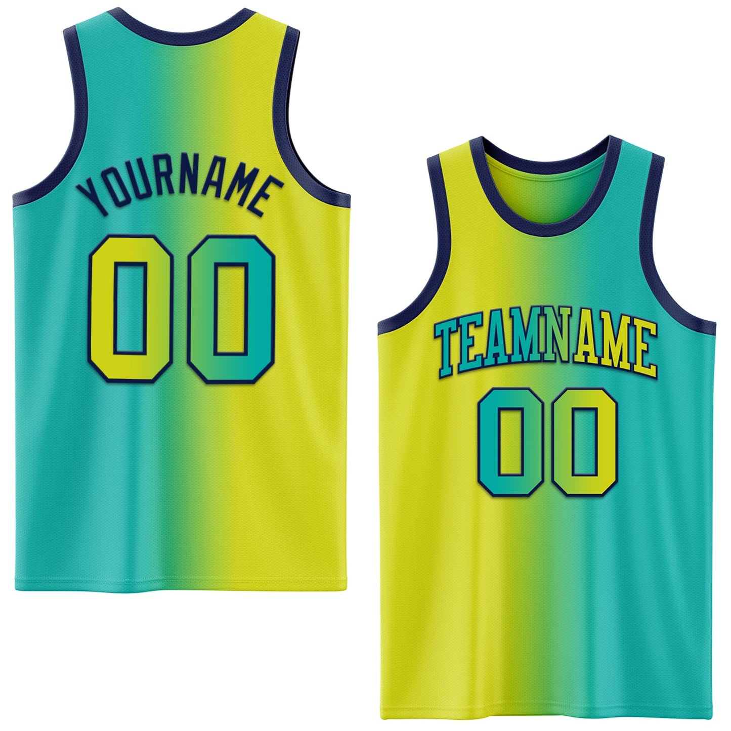Custom Aqua Neon Yellow-Navy Authentic Gradient Fashion Basketball Jersey - Main View