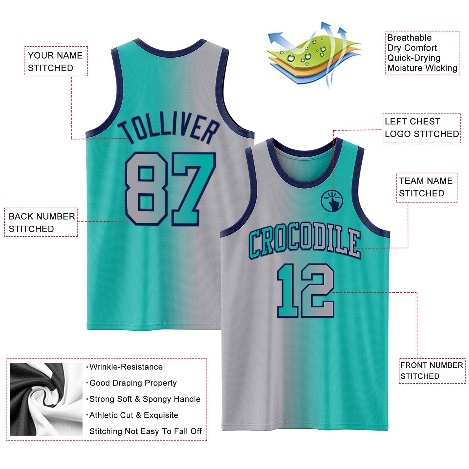 Custom Aqua Gray-Navy Authentic Gradient Fashion Basketball Jersey view 3