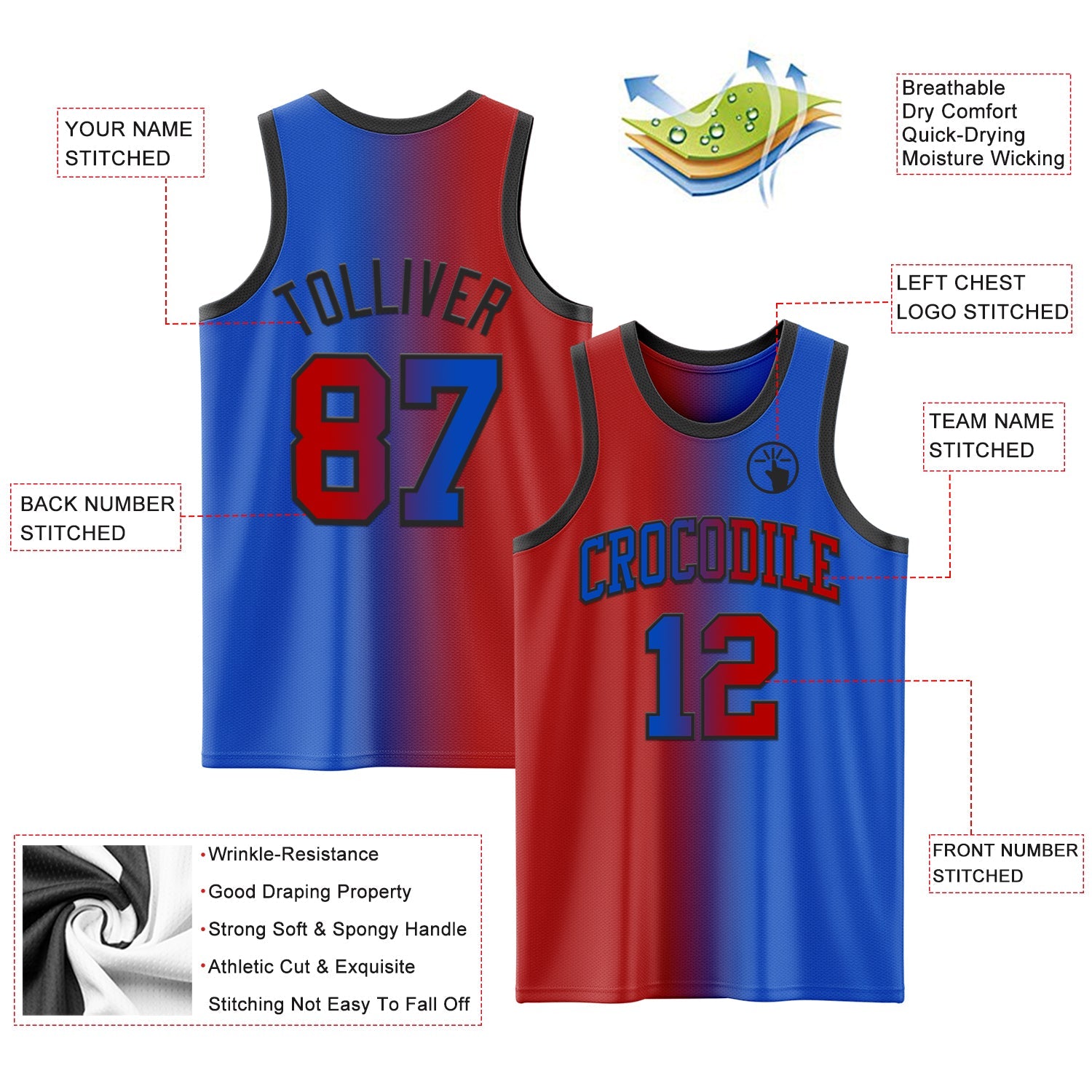 Custom Thunder Blue Red-Black Authentic Gradient Fashion Basketball Jersey view 3