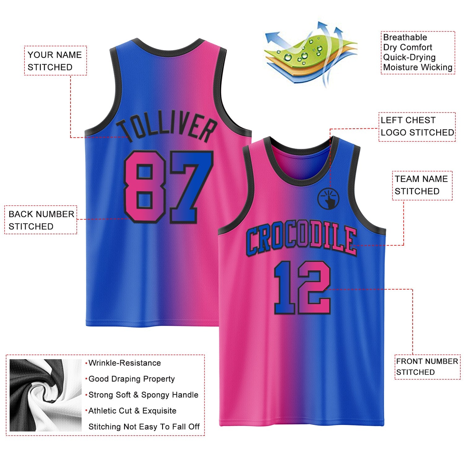 Custom Thunder Blue Pink-Black Authentic Gradient Fashion Basketball Jersey view 3