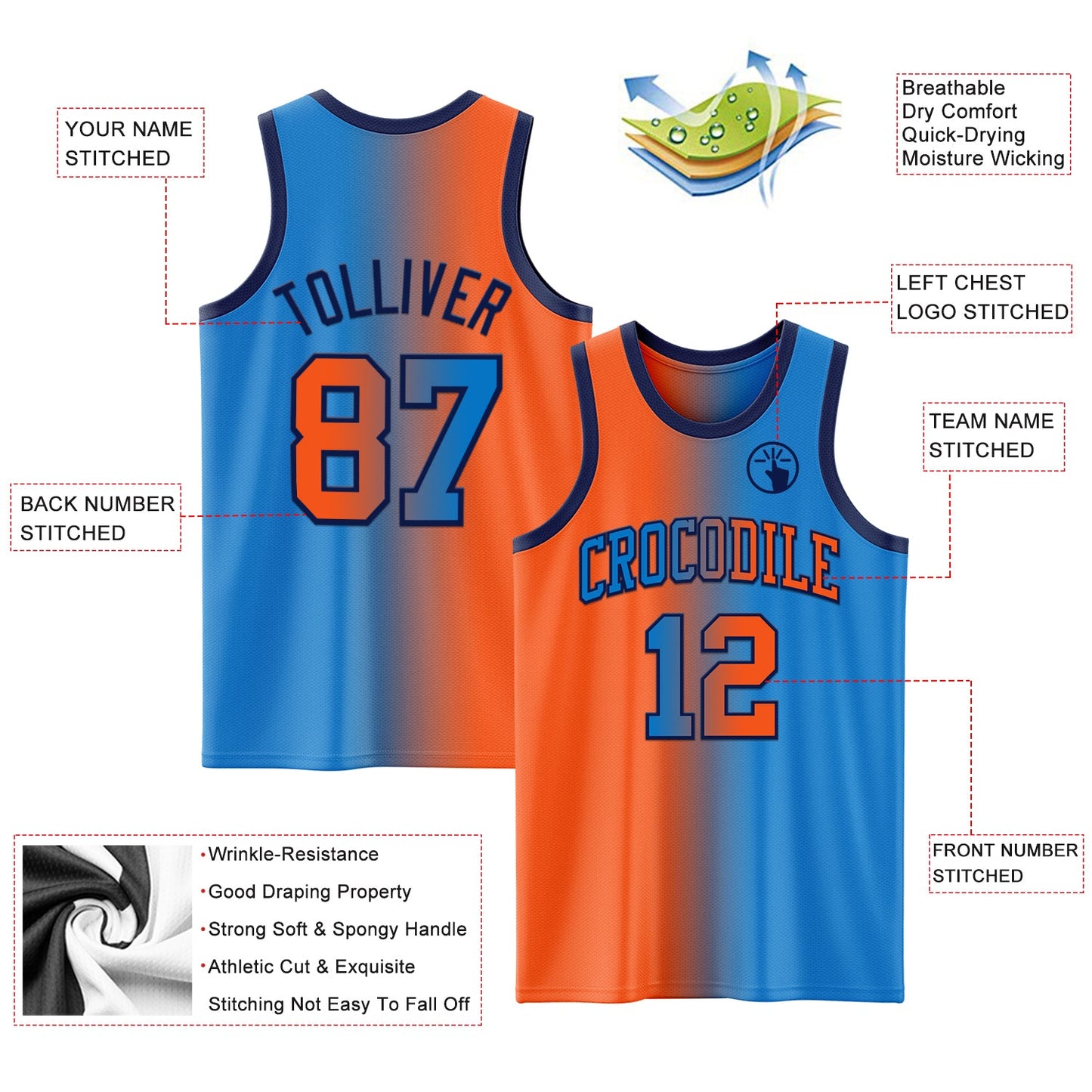 Custom Powder Blue Orange-Navy Authentic Gradient Fashion Basketball Jersey view 3