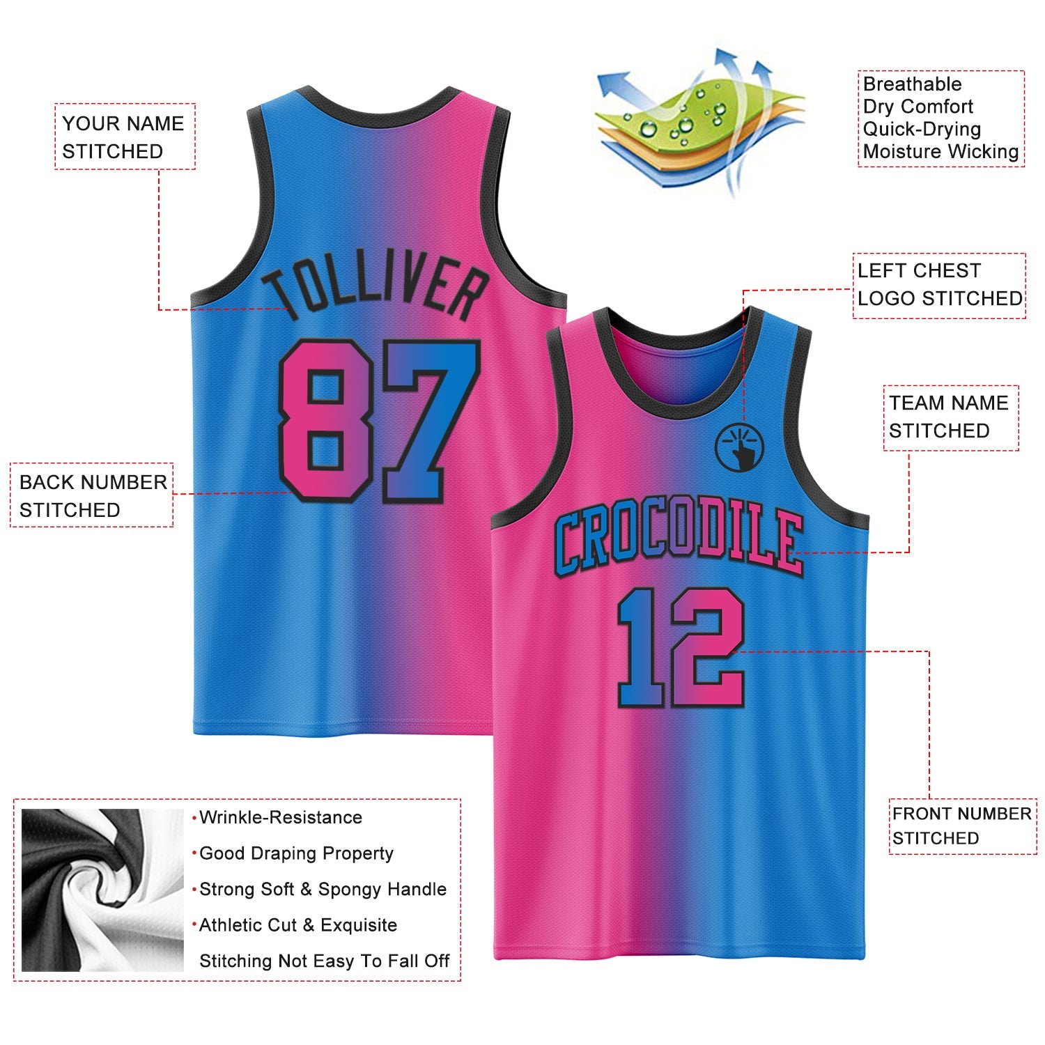 Custom Powder Blue Pink-Black Authentic Gradient Fashion Basketball Jersey view 3