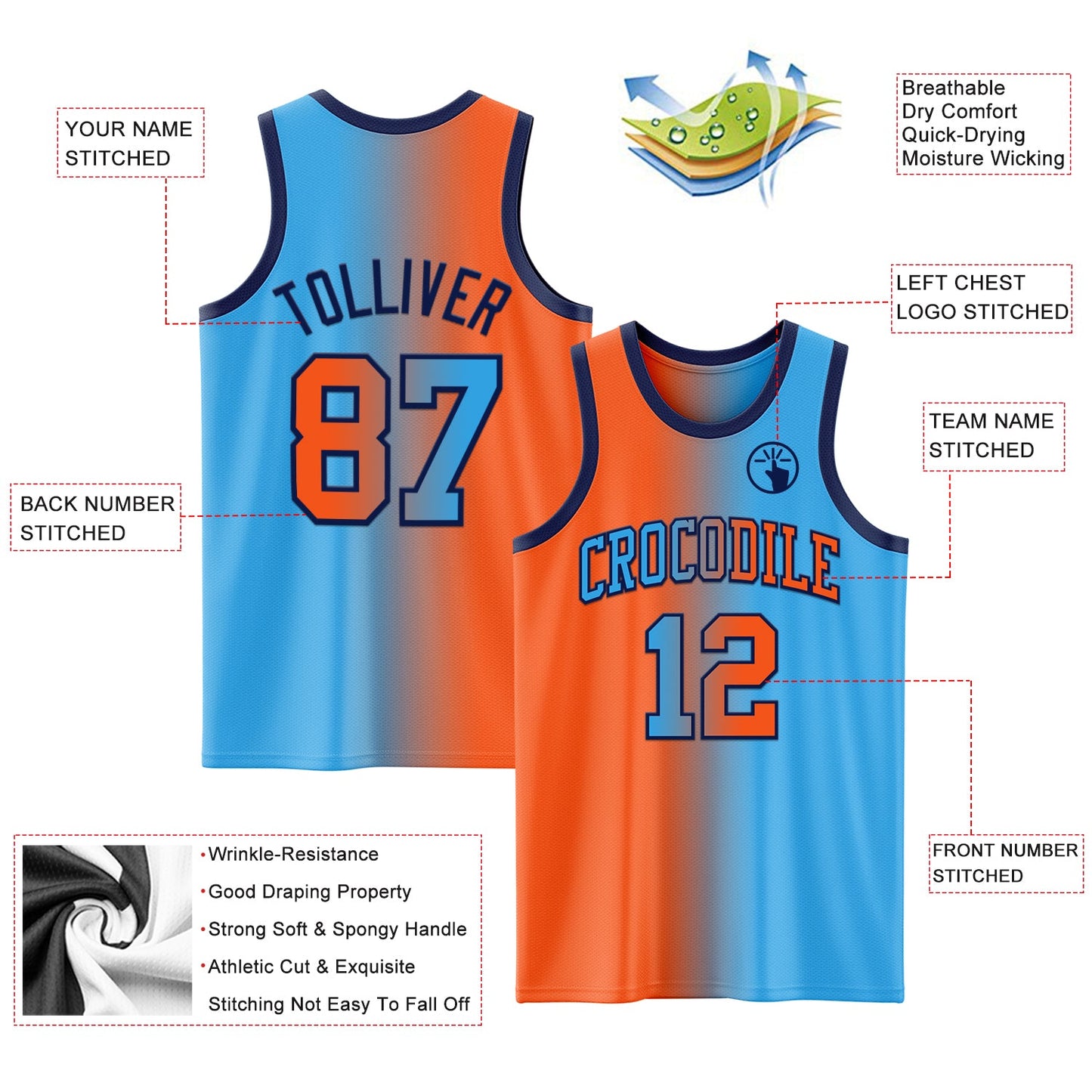 Custom Sky Blue Orange-Navy Authentic Gradient Fashion Basketball Jersey view 3