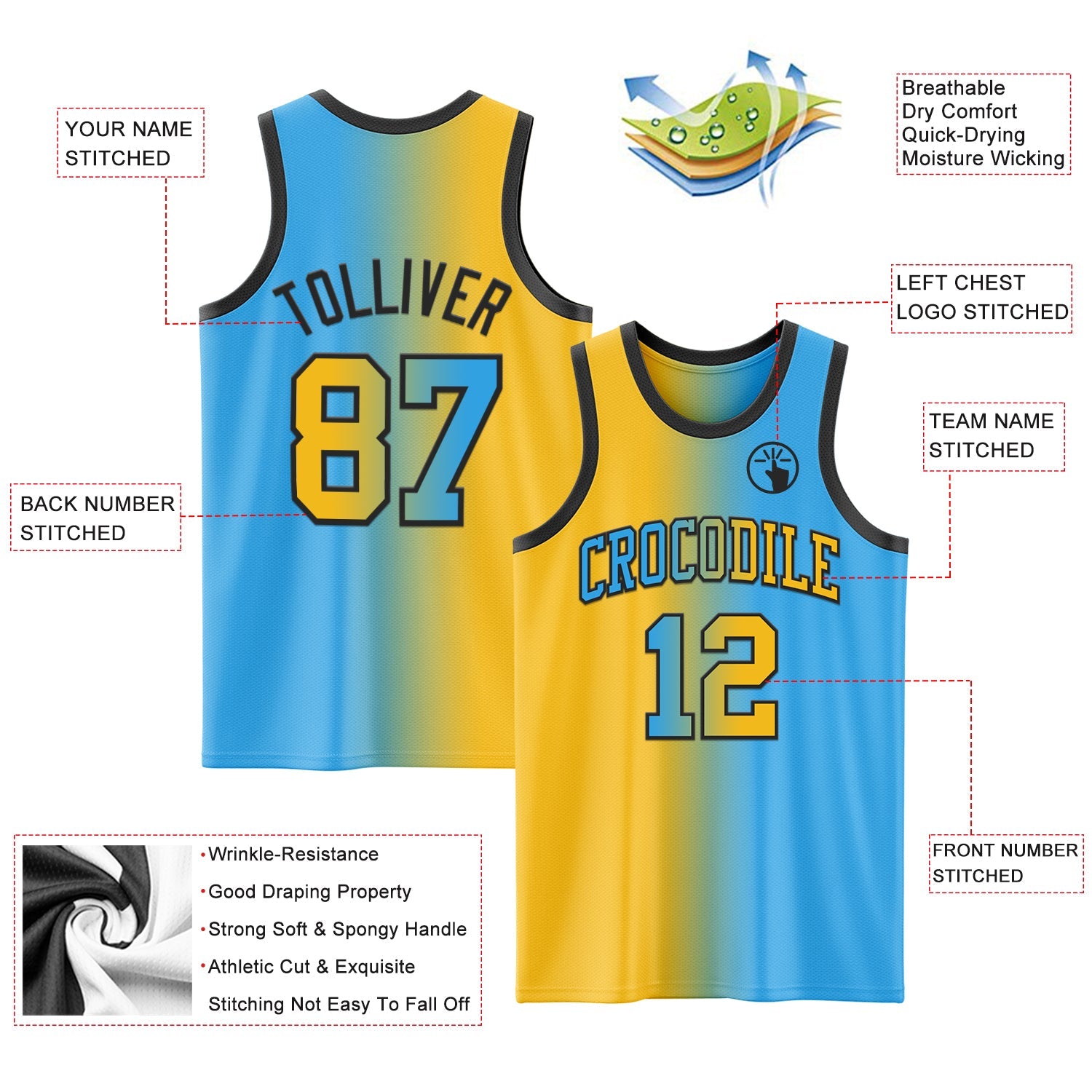 Custom Sky Blue Gold-Black Authentic Gradient Fashion Basketball Jersey view 3