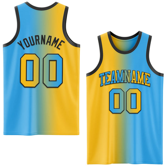 Custom Sky Blue Gold-Black Authentic Gradient Fashion Basketball Jersey - Main View