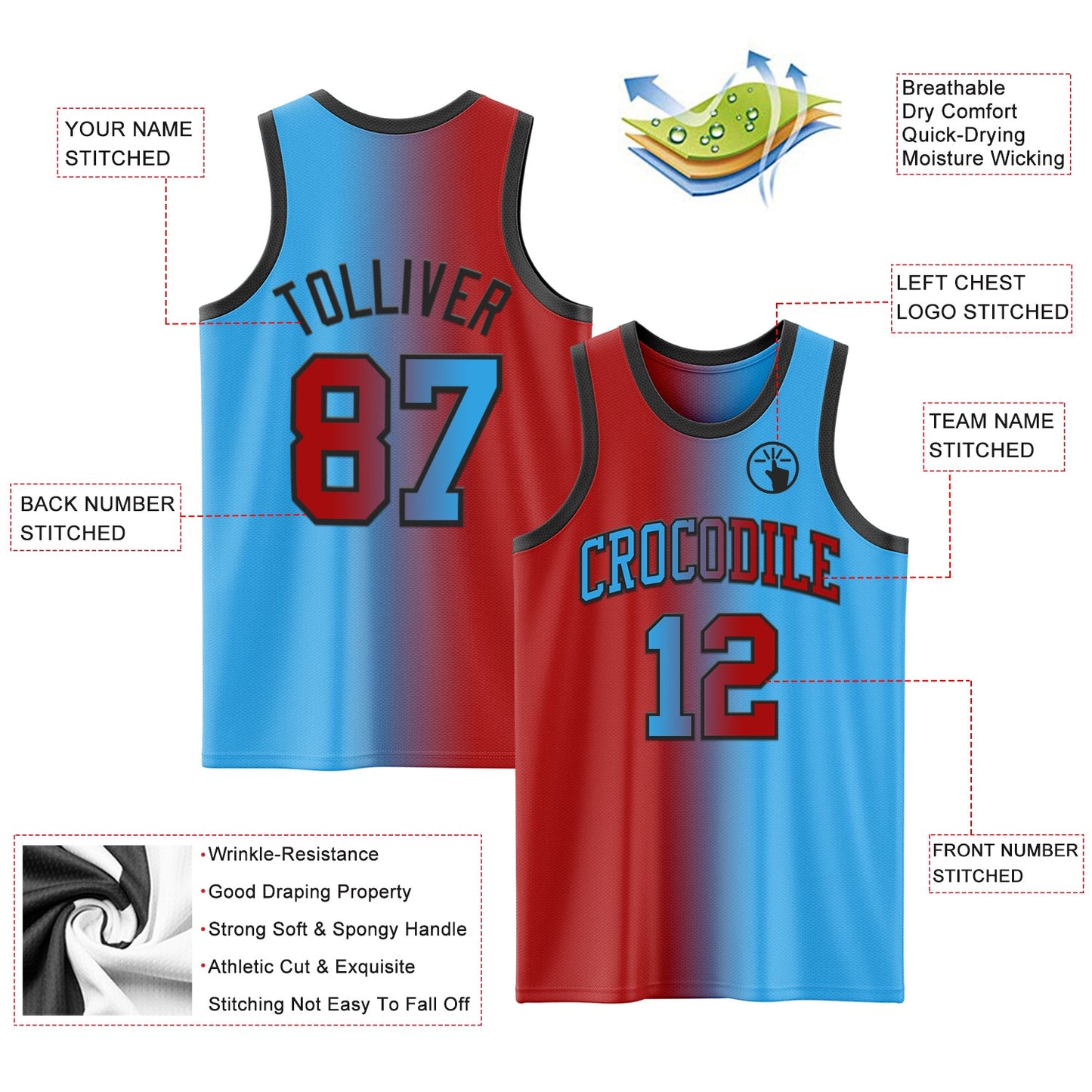 Custom Sky Blue Red-Black Authentic Gradient Fashion Basketball Jersey view 3
