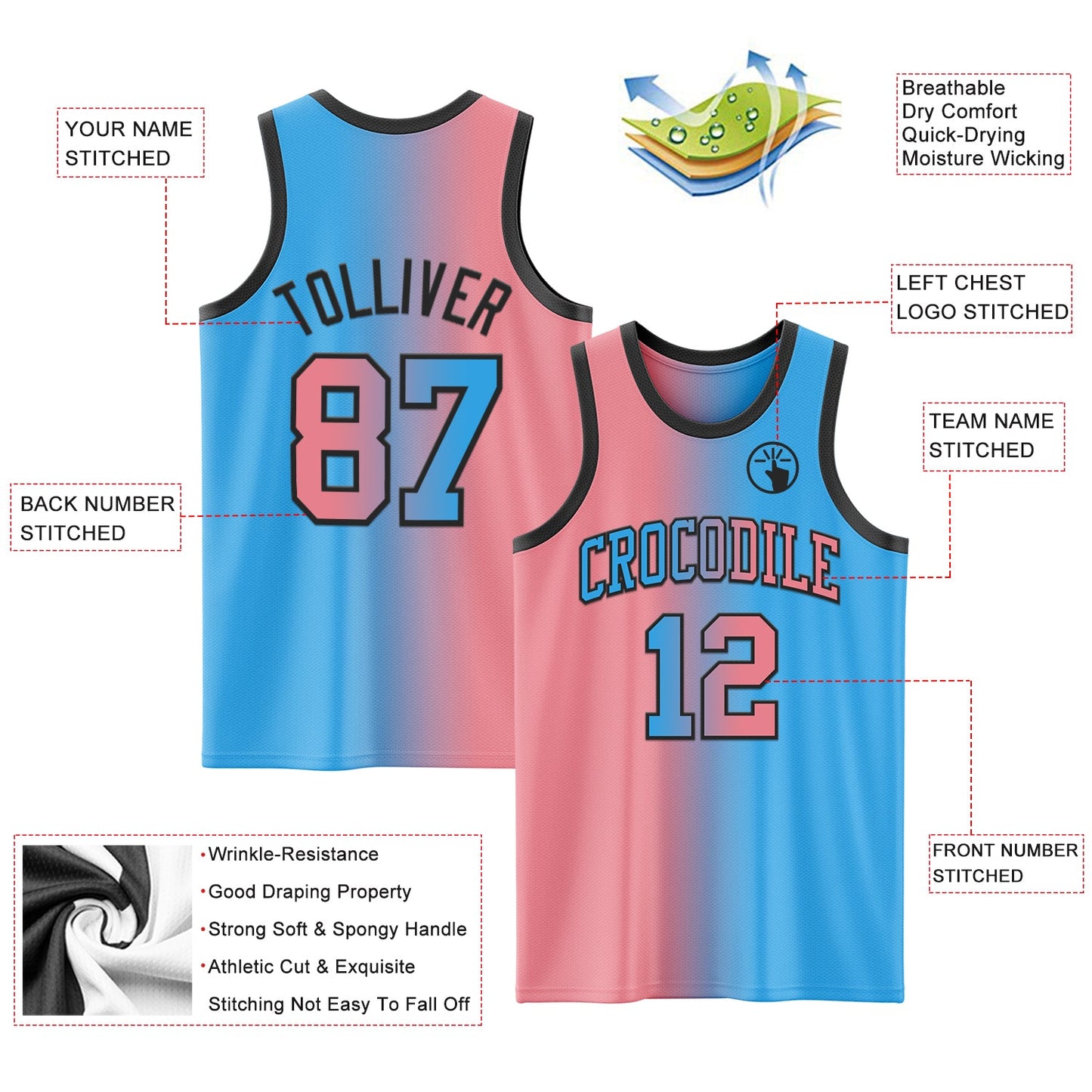 Custom Sky Blue Medium Pink-Black Authentic Gradient Fashion Basketball Jersey view 3