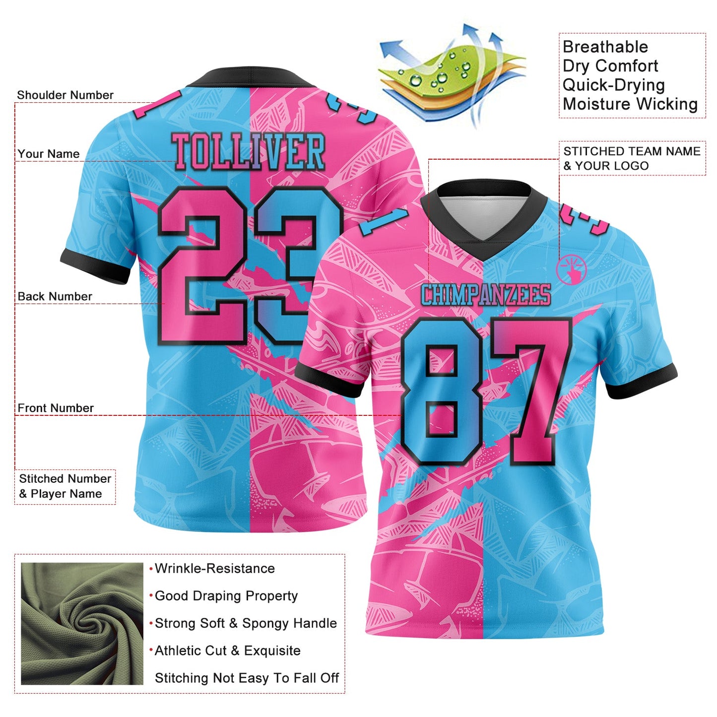 Custom Sky Blue Pink-Black Authentic Gradient Fashion Scratch Football Jersey view 3