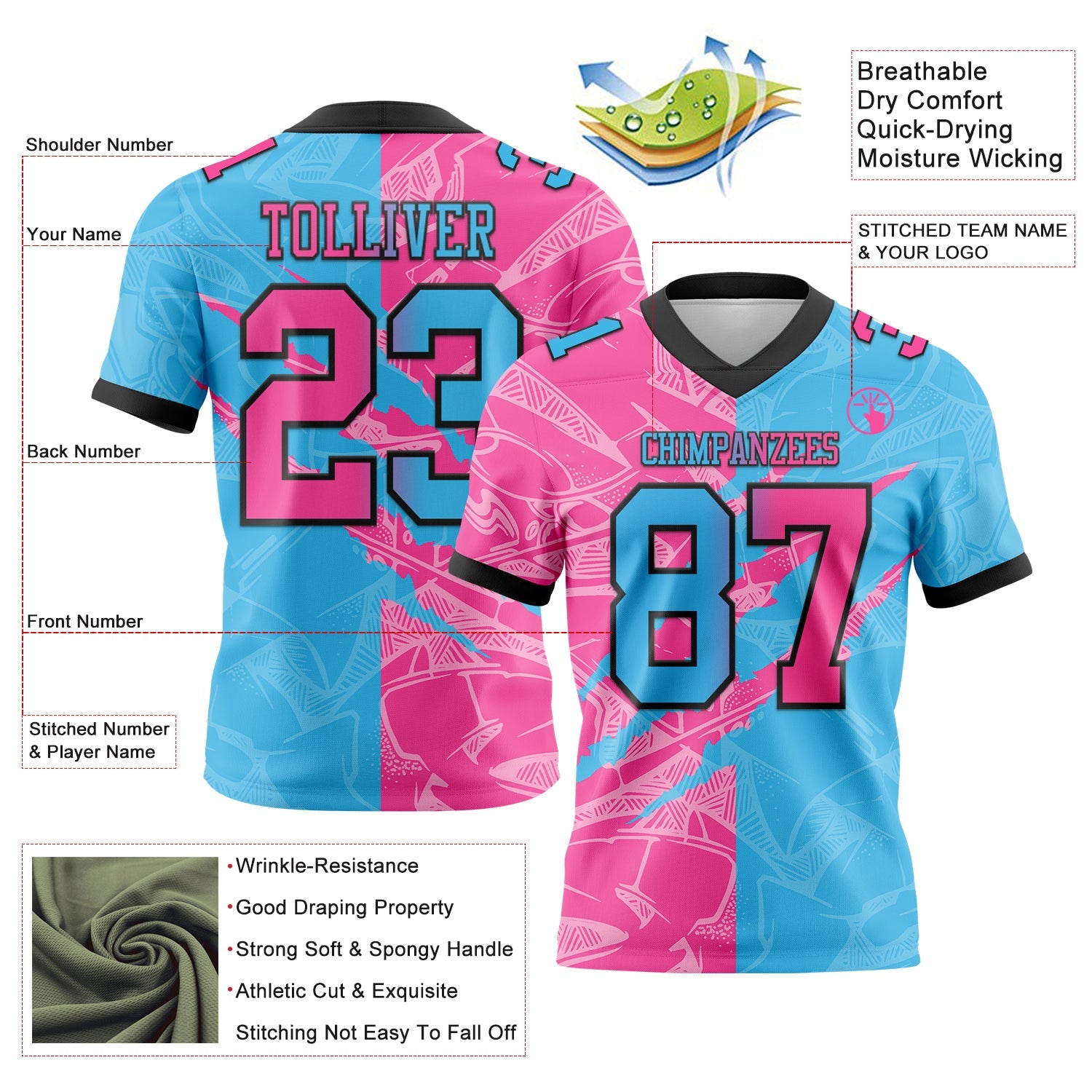 Custom Sky Blue Pink-Black Authentic Gradient Fashion Scratch Football Jersey view 3