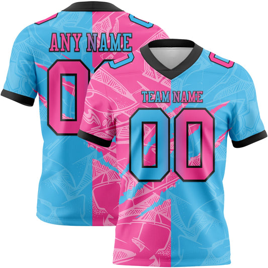 Custom Sky Blue Pink-Black Authentic Gradient Fashion Scratch Football Jersey - Main View