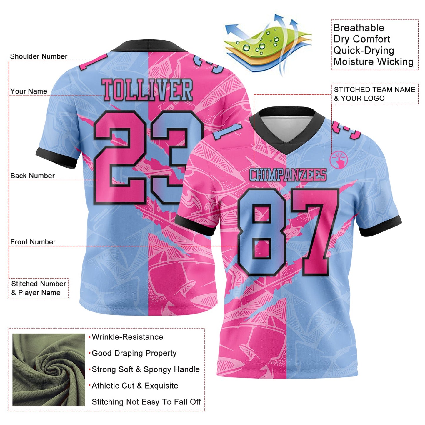 Custom Light Blue Pink-Black Authentic Gradient Fashion Scratch Football Jersey view 3