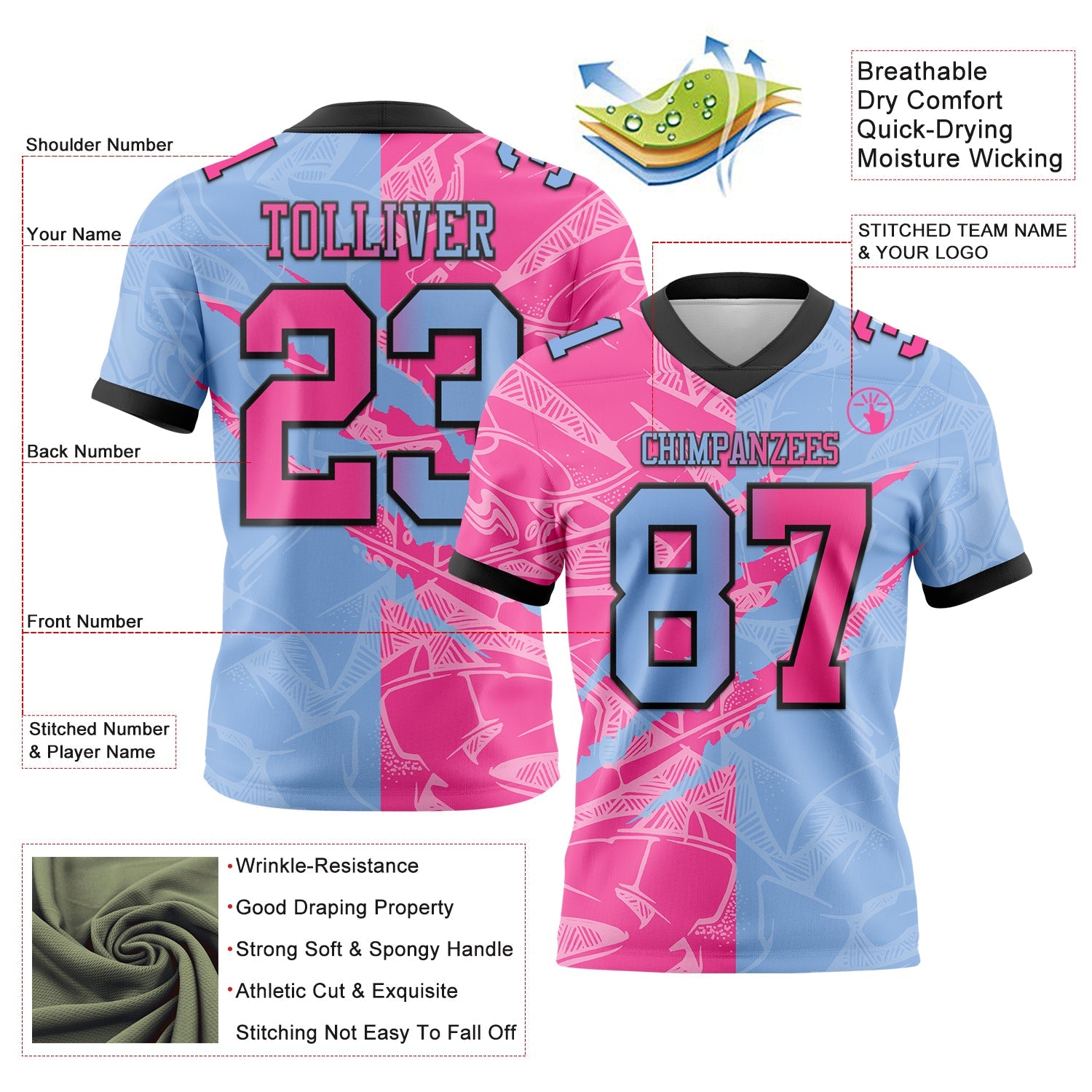 Custom Light Blue Pink-Black Authentic Gradient Fashion Scratch Football Jersey view 3