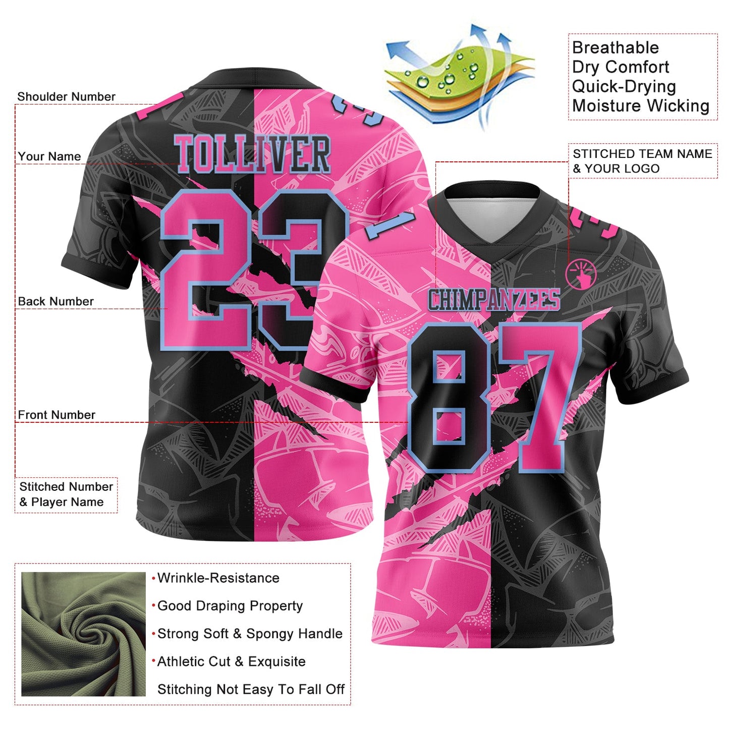 Custom Black Pink-Light Blue Authentic Gradient Fashion Scratch Football Jersey view 3