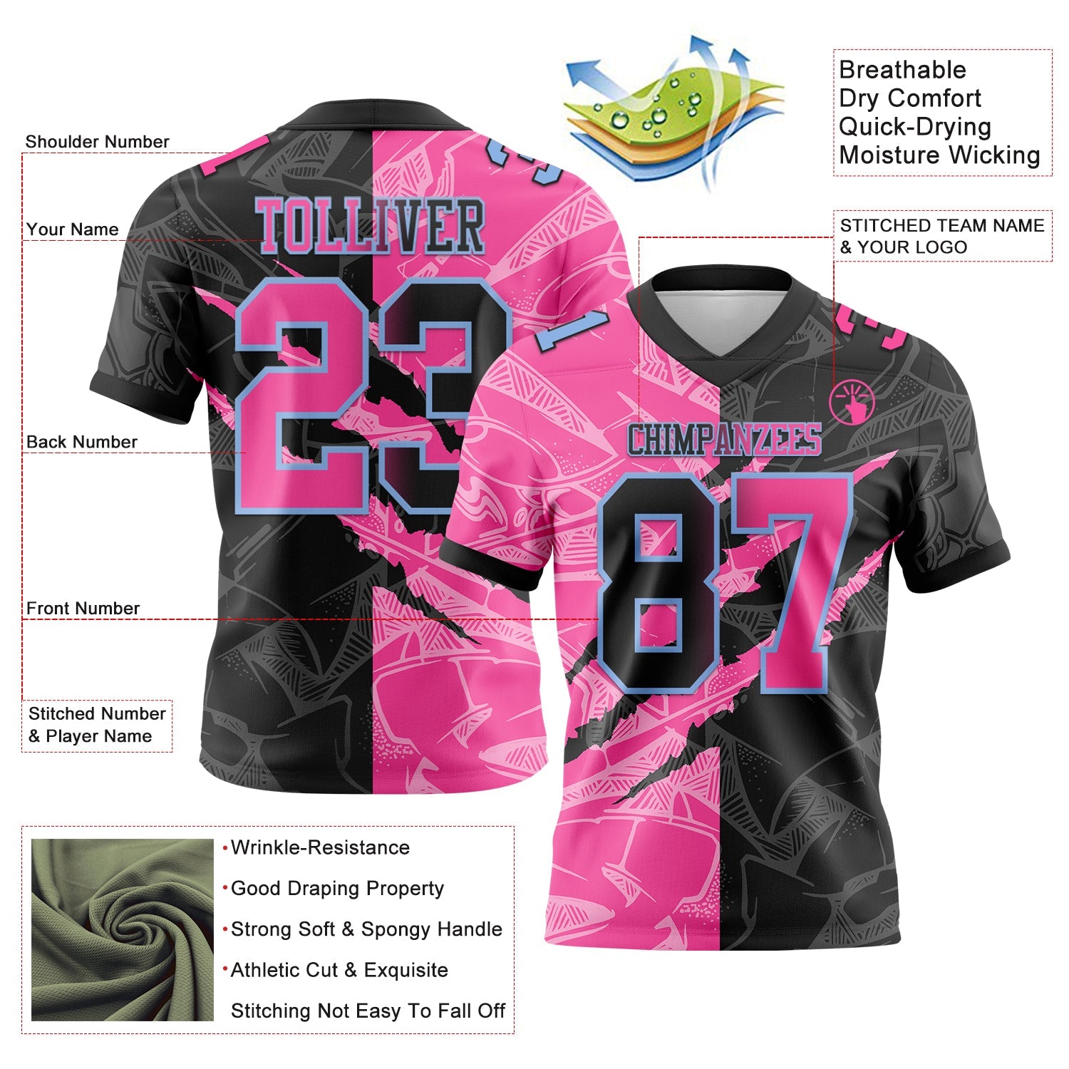 Custom Black Pink-Light Blue Authentic Gradient Fashion Scratch Football Jersey view 3