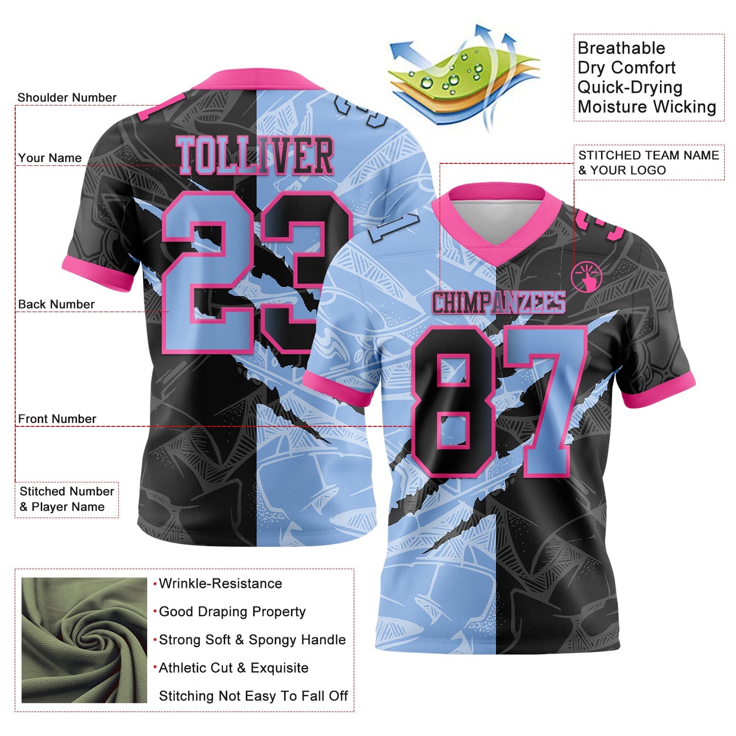 Custom Black Light Blue-Pink Authentic Gradient Fashion Scratch Football Jersey view 3