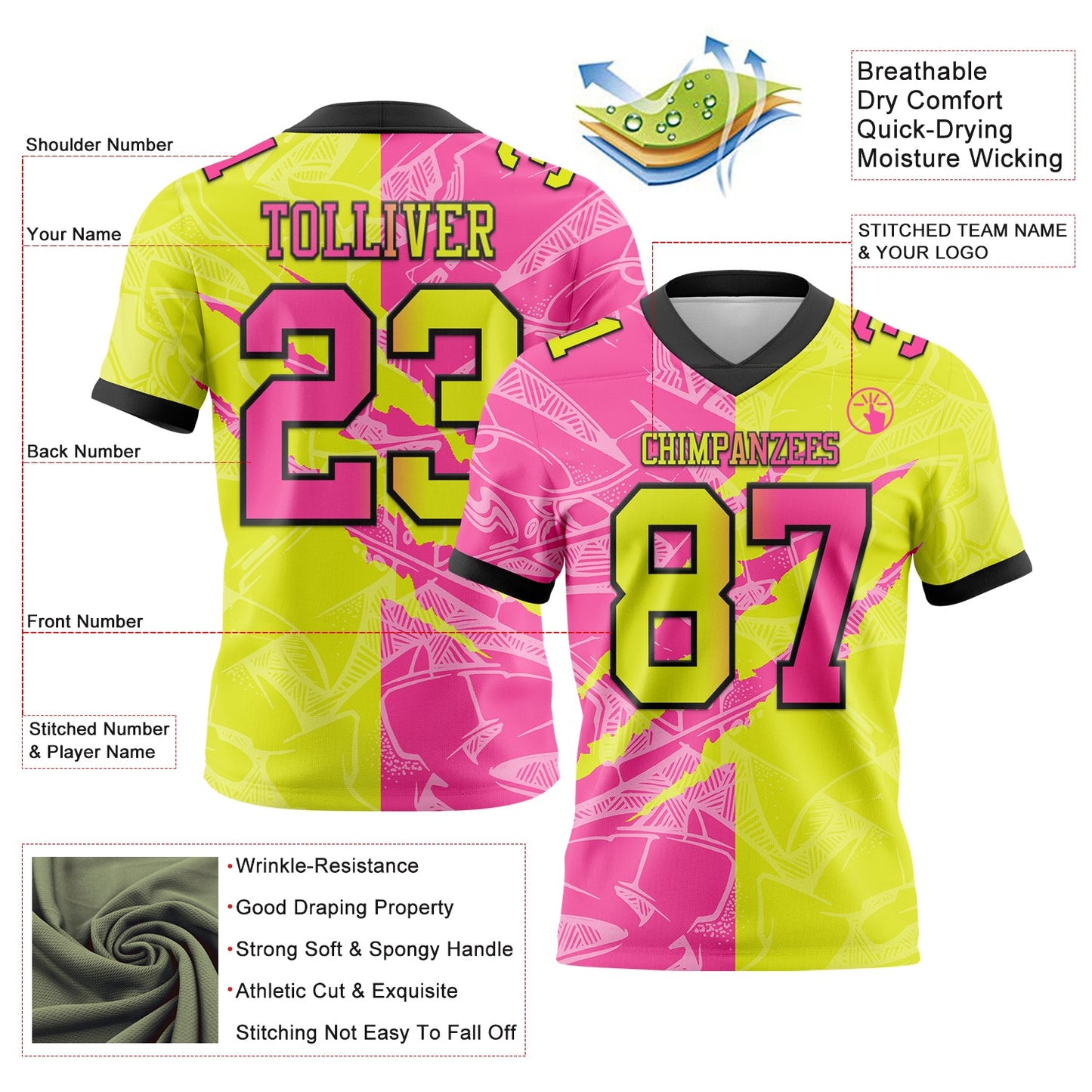 Custom Neon Yellow Pink-Black Authentic Gradient Fashion Scratch Football Jersey view 3