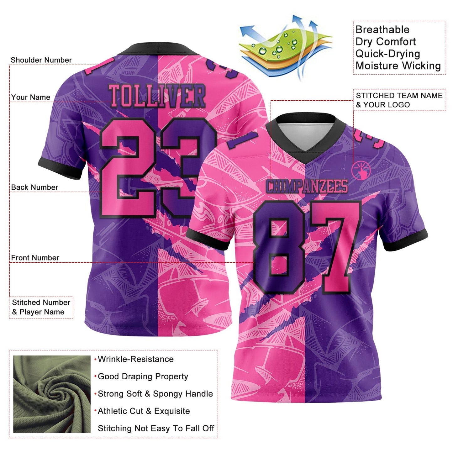 Custom Purple Pink-Black Authentic Gradient Fashion Scratch Football Jersey view 3