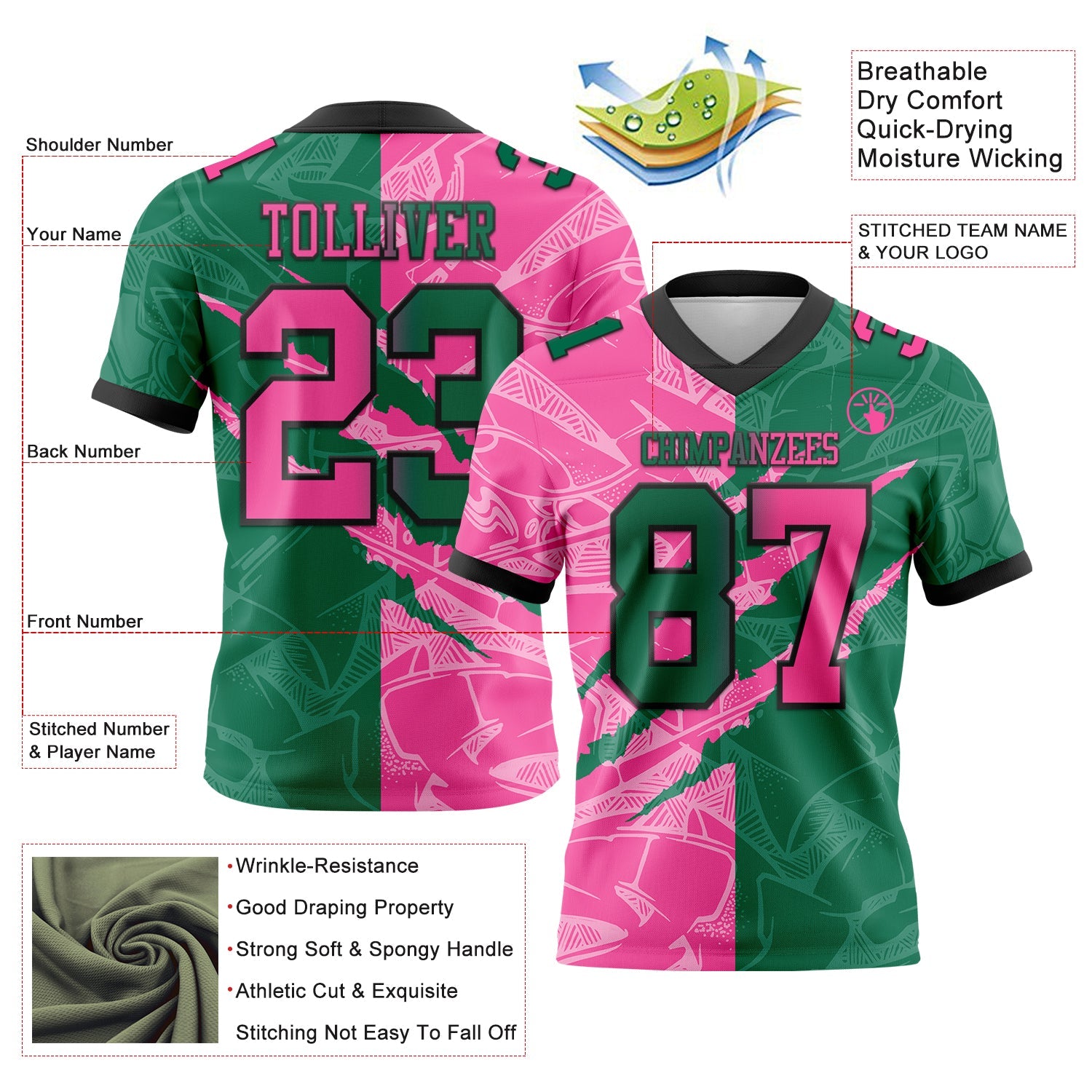 Custom Kelly Green Pink-Black Authentic Gradient Fashion Scratch Football Jersey view 3